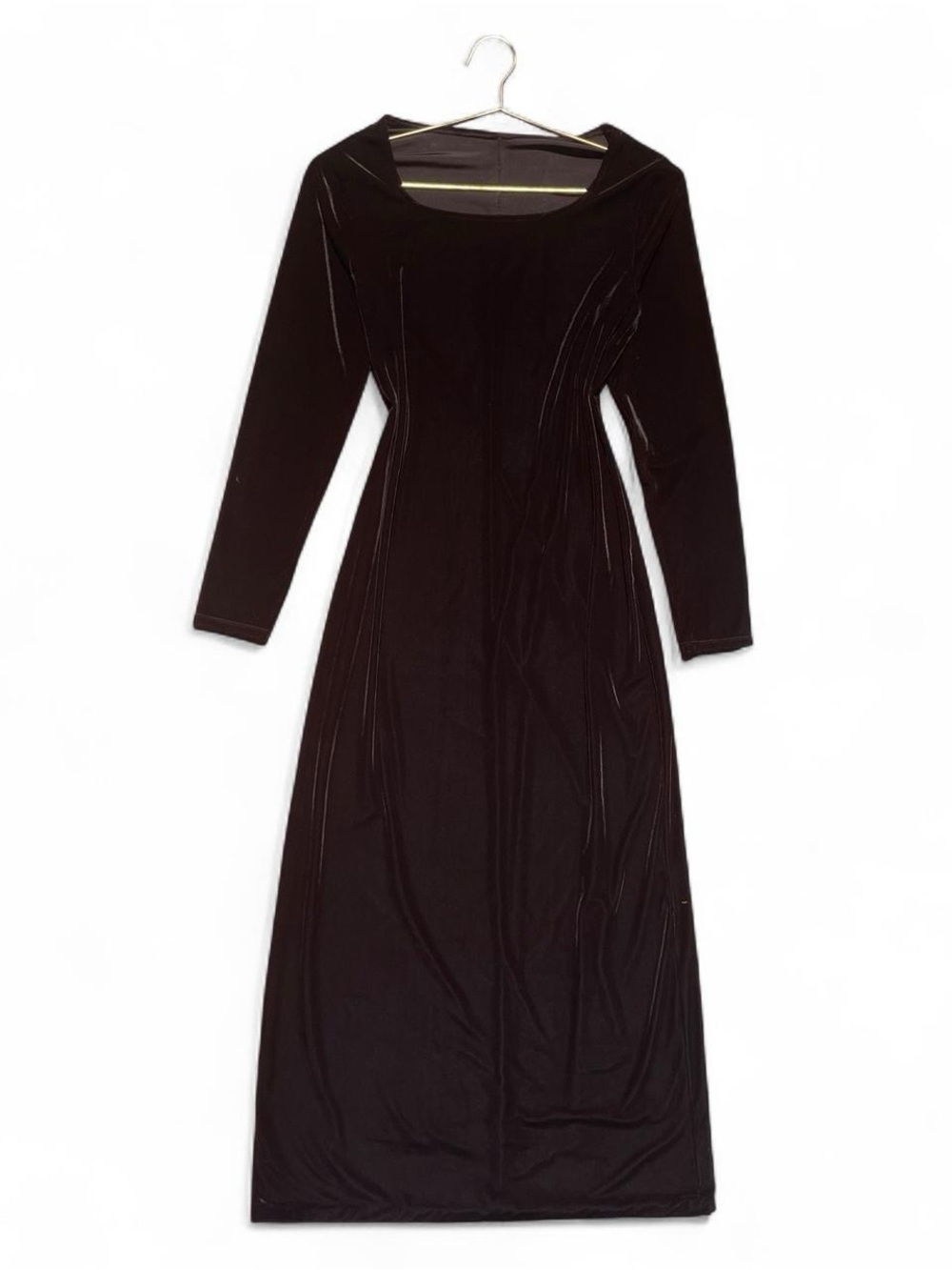 Vintage 90s Y2K Chocolate Brown Velvet Maxi Dress Goth Whimsigoth Stretch M/L